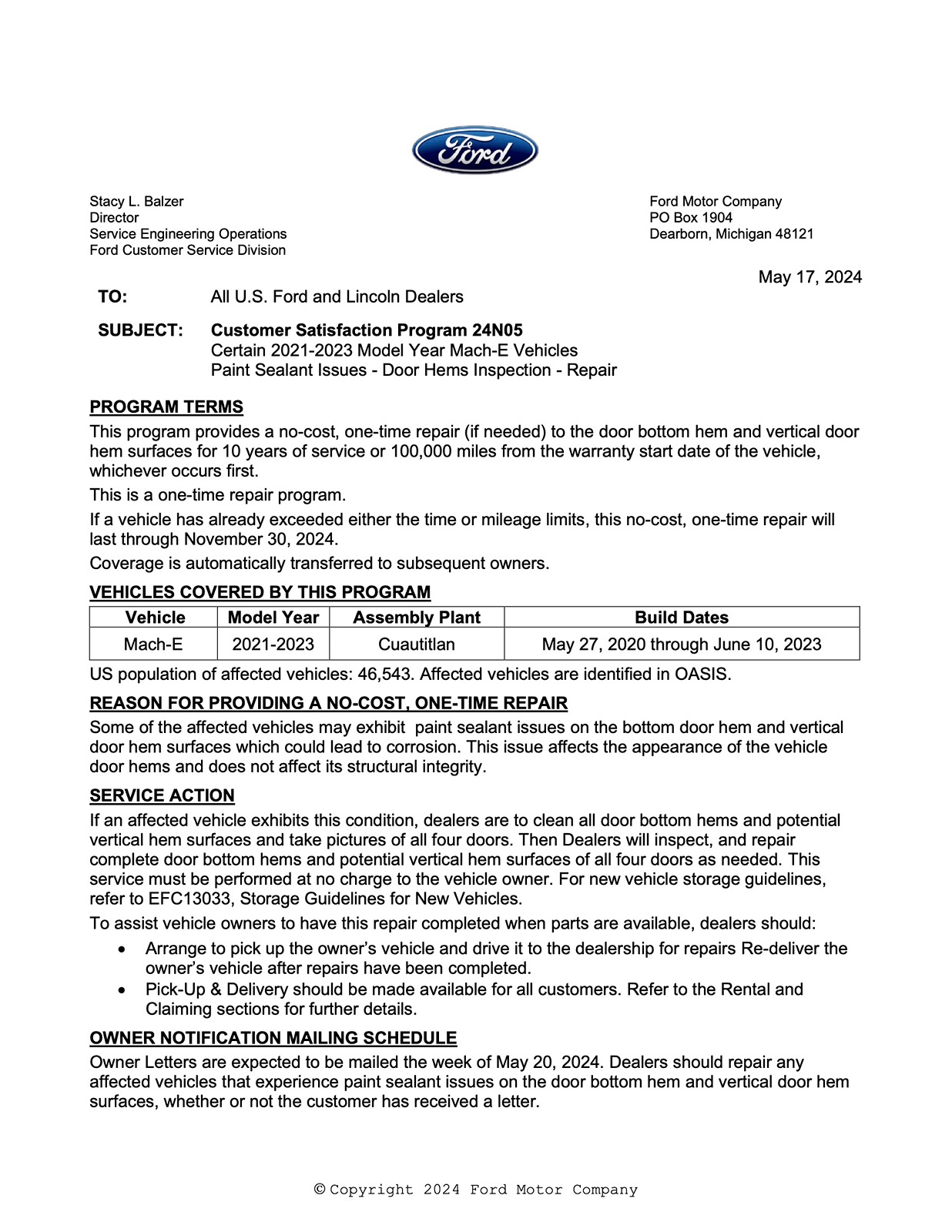 Ford Mustang Mach-E Customer Satisfaction Program 24N05 - Door Hems Paint Sealant Issues 24N05_P1