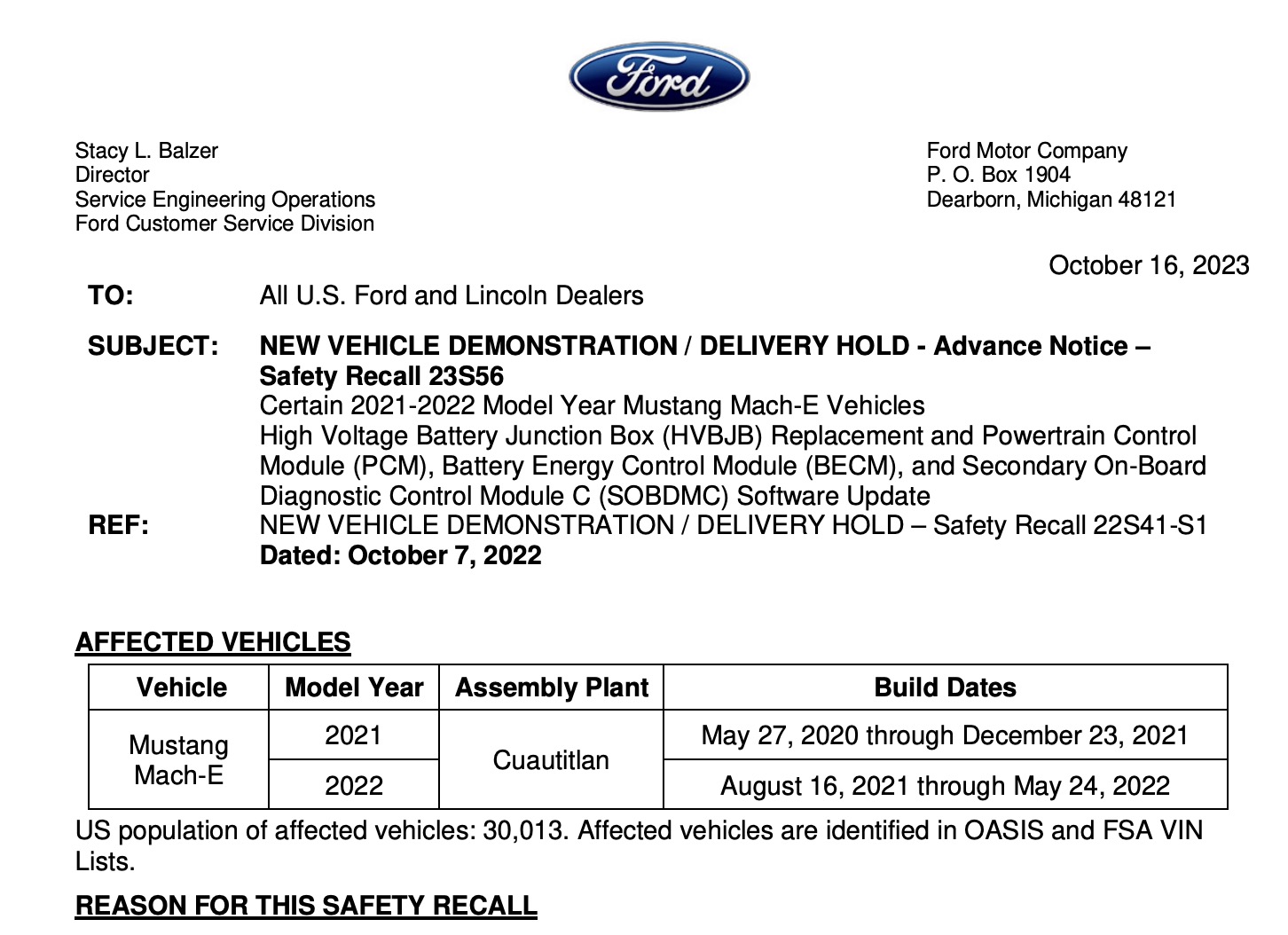High Voltage Battery Junction Box (HVBJB) Replacement Recall for recall